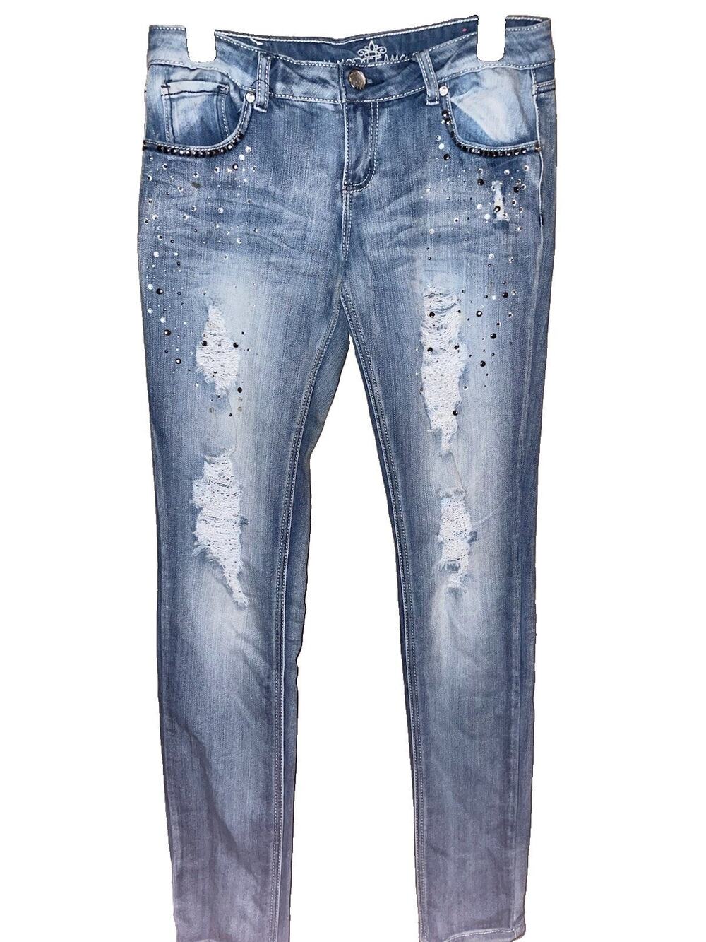 Almost Famous Women’s Junior Jeans Glitter And Sparkle Embellishing Sz 9 Light